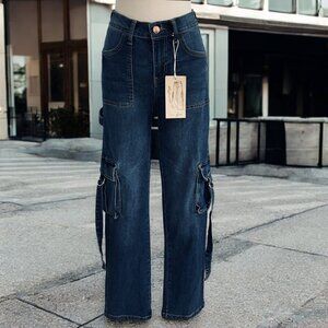 Gen Glam Cargo Jeans Womens 1/26 Mid Rise Wide‎ Leg Denim Pants Y2K Street Style